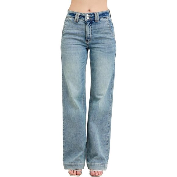 Denim - Women's High Waisted Wide Leg Jeans Double Button Zipper 13